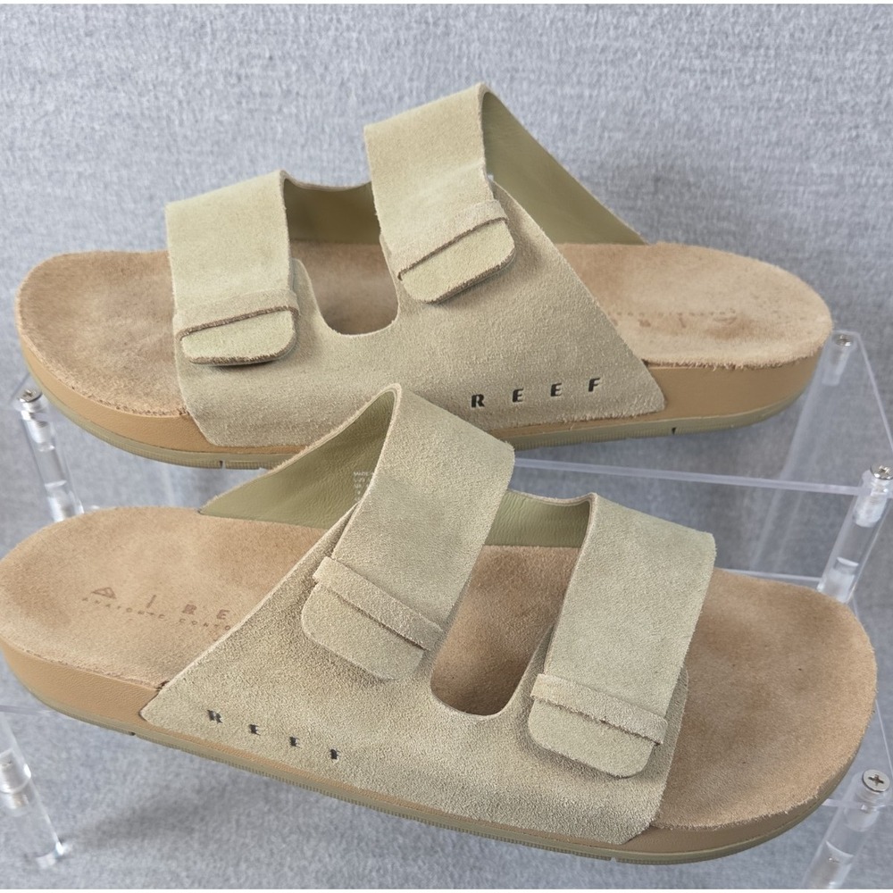Reef Mens 9 Ojai Two Bar Tan Suede Sandals Contoured Footbed Adjustable Straps